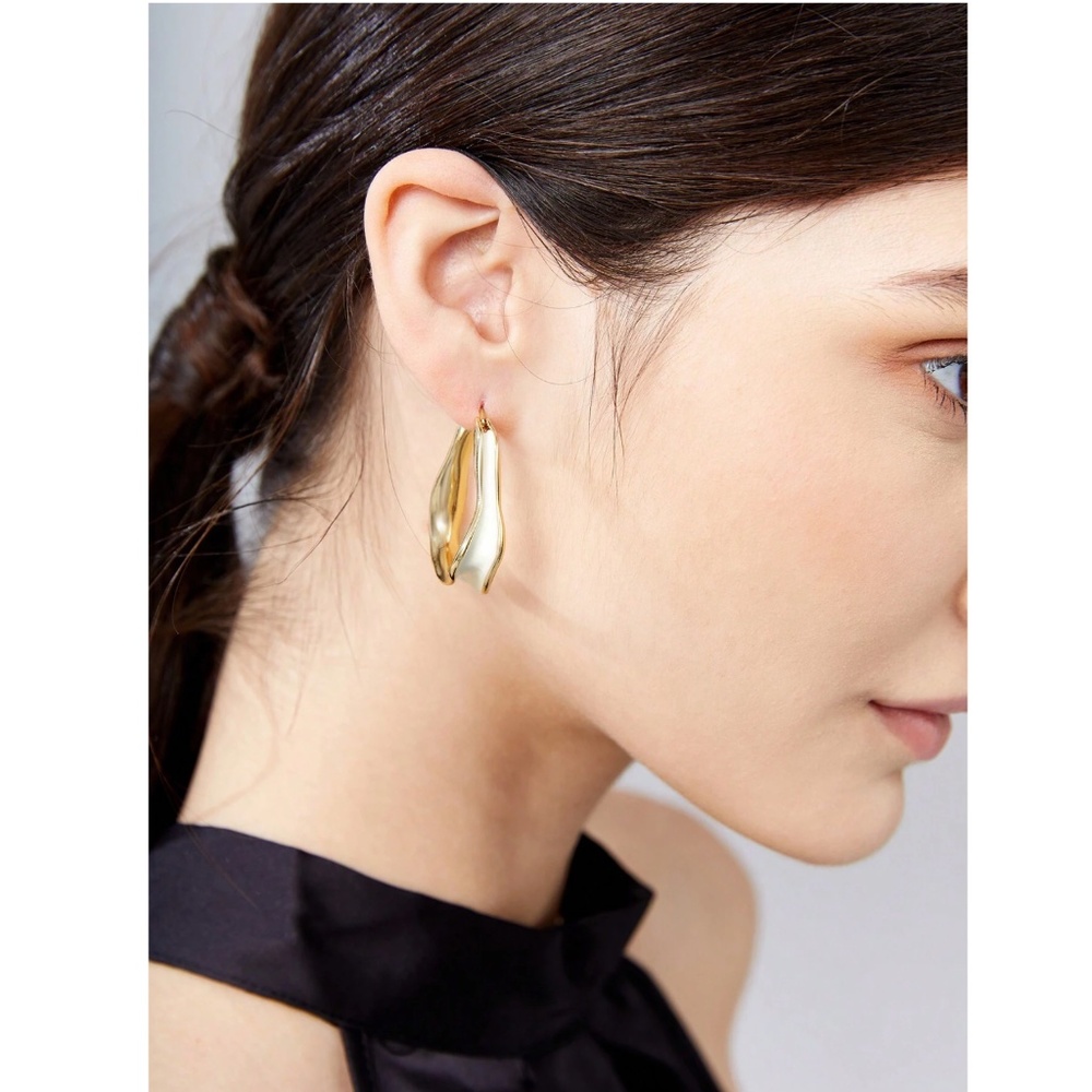 Yellow Gold Tone Irregular Shape Hoop Earrings Off White Filling - Picture 6 of 8